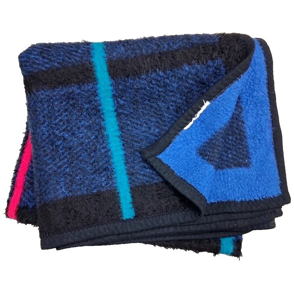 Vtg Biederlack Blue Black Grid Acrylic Throw Blanket Square Teal Pink White